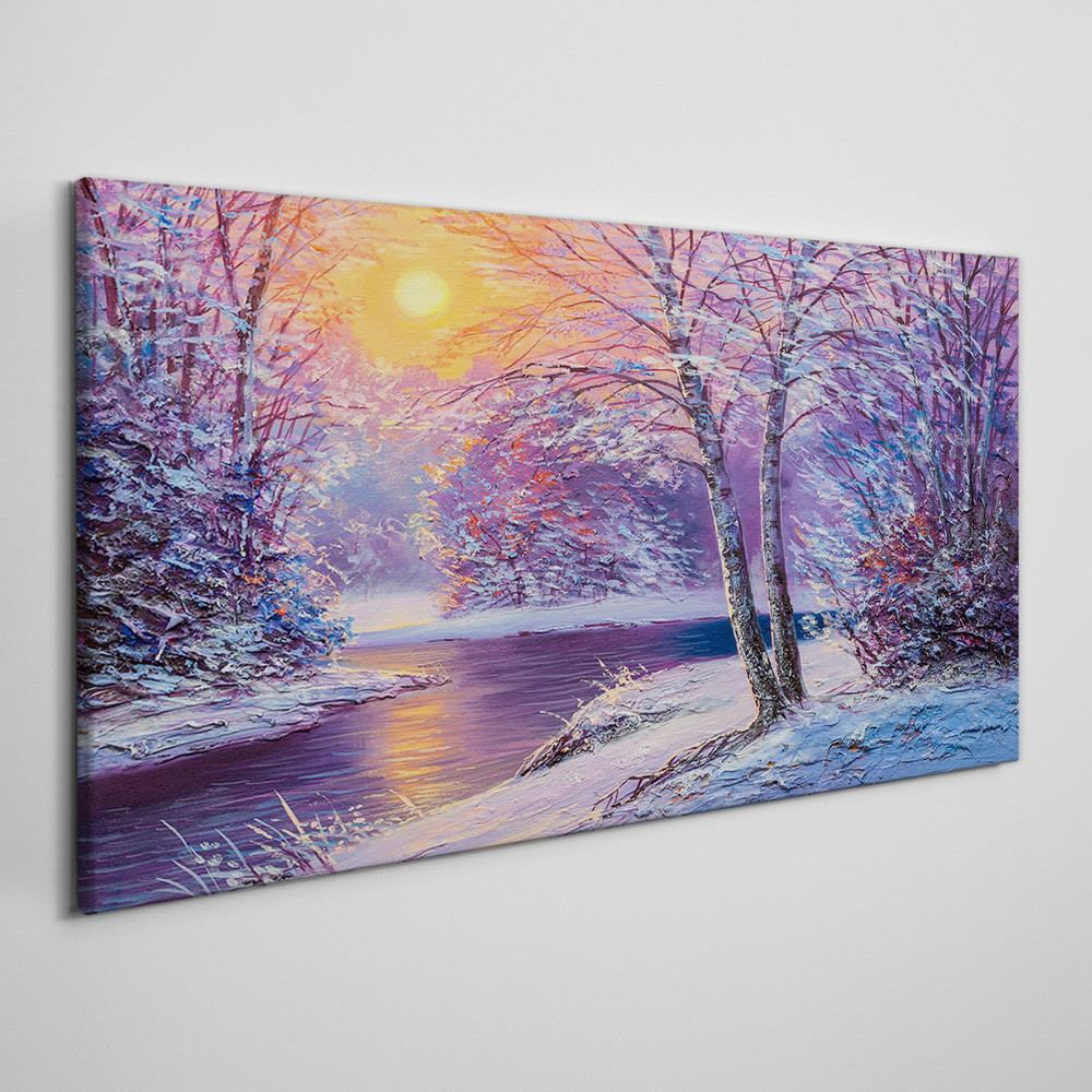PL Coloray Obraz na Płótnie zima las rzeka zachód słońca 140x70cm