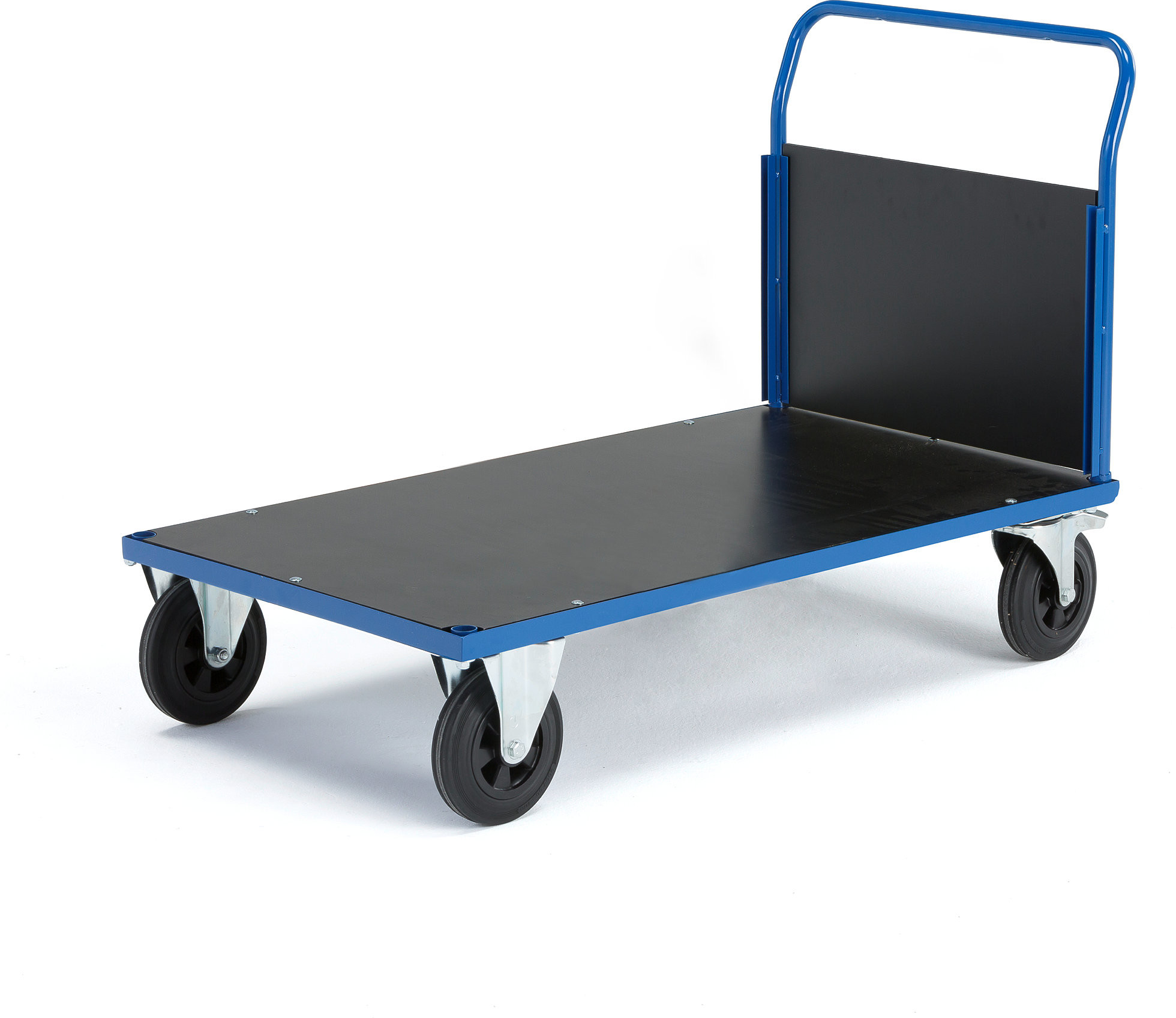 AJ Produkty Wózek platformowy TRANSFER, 1 drewniana rama końcowa, 1200x800 mm, gumowe koła, z hamulcem