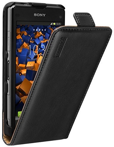 Mumbi etui z prawdziwej skóry z klapką kompatybilne z Sony Xperia Z1 Compact etui skórzane etui portfel, czarne