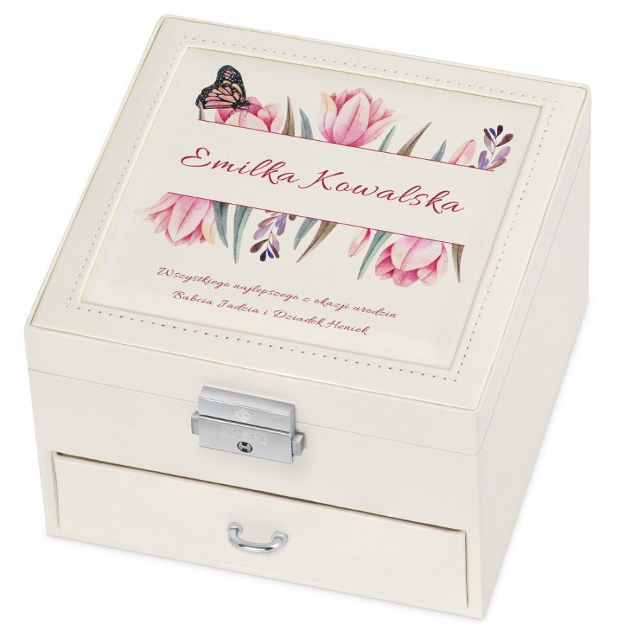 Murrano Szkatułka na Biżuterię Kremowa z Nadrukiem Tulipany SZKT-BB-034