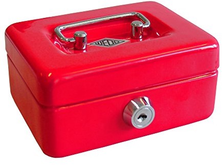 Wedo 144002 skarbonka w formie kasetki dla dzieci, z otworem do wrzucania, 5 przegródkami, zamykana na klucz, z blachy, w zestawie z 2 kluczami, kolor czerwony 144 002