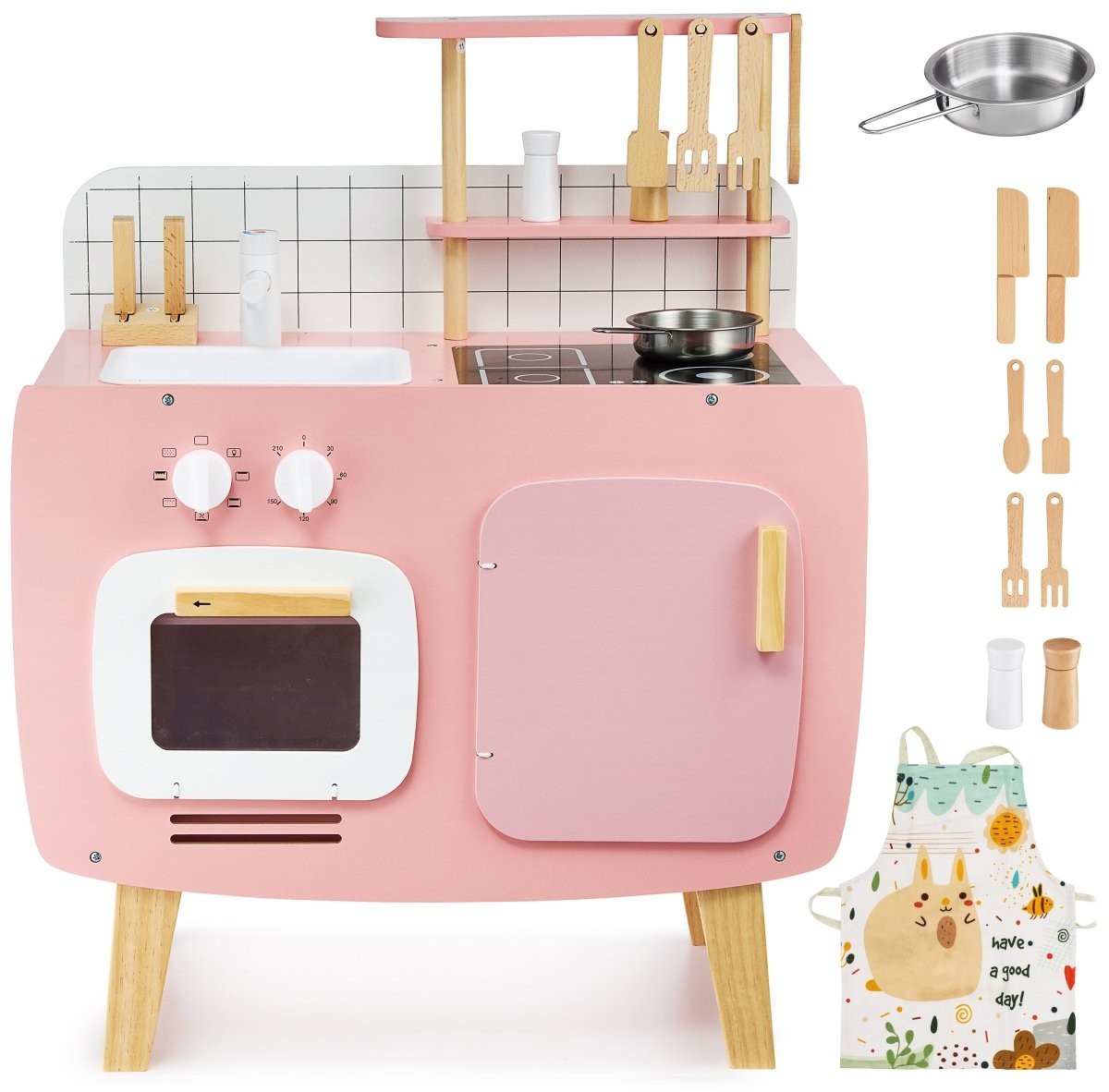 Mamabrum Drewniana kuchnia retro z fartuszkiem i akcesoriami - różowa WOODEN KITCHEN 291