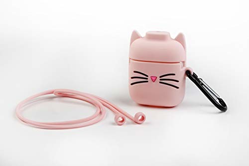 Apple Wondee Global Services Funny Airpods Cases | Silikonowe etui na słuchawki Airpods - wzór różowy kot z paskiem zapobiegającym zgubieniu i karabińczykiem kompatybilne z Airpods 1 & 2 WFNAIR025