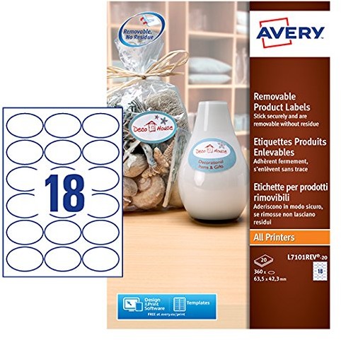 Avery l7101rev-20 owalne etykiety można zdjąć papieru 63,5 X 42,3 MM 360 sztuk, białe L7101REV-20.UK