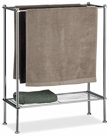 Relaxdays chromowany wieszak na ręczniki, 3 drążki na ręczniki, półka, regał na ręczniki, stabilny i nierdzewny, wys. x szer. x gł.: 79 x 64 x 26 cm, srebrny (10024636)