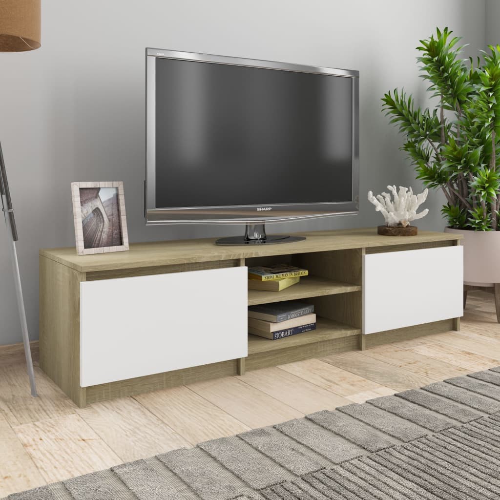 Szafka TV, biel i dąb sonoma, 140x40x35,5 cm, płyta wiórowa