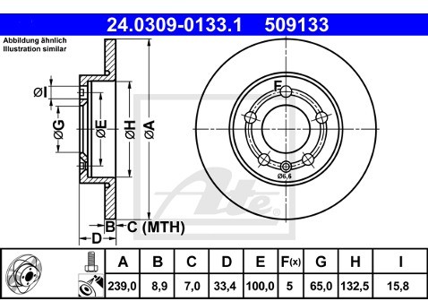 ATE TARCZA HAM POWER DISC 24.0309-0133.1 AUDI TT 1.8 T QUATTRO 05-06/ VW BORA 1.6 02-04/ SKODA OCTAVIA 1.8 T 4X4 01-06  24.0309-0133.1