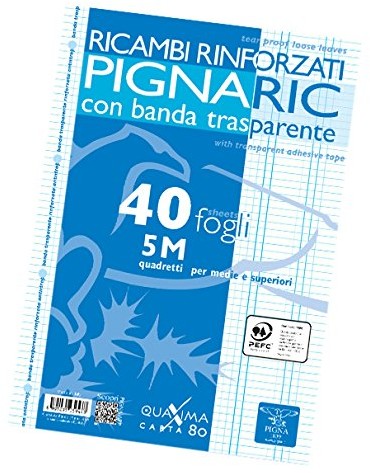 Pigna Pigna Oszczędne wzmocnione przezroczystą taśmą, wyściółka 5 m, kwadraty 5 mm dla średnich i wyższych, 80 g/m2, opakowanie z 40 arkuszami 02194595M