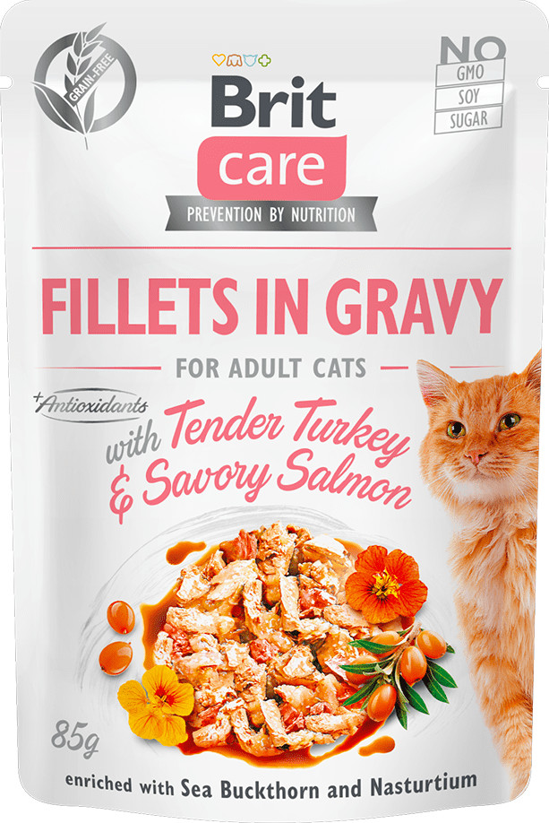 Brit Care Cat Fillets in Gravy with Tender Turkey & Savory Salmon 24x85 g # z wartością produktów powyżej 89zł!