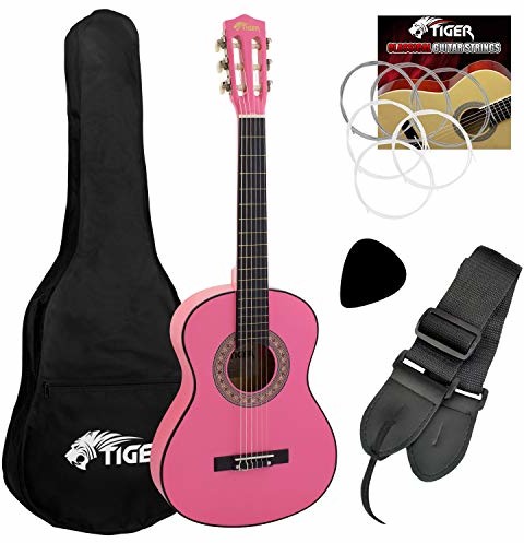 Tiger Tiger Pakiet do gitary klasycznej w rozmiarze 1/4  dla początkujących gitara klasyczna z akcesoriami w kolorze różowym CLG5-PK