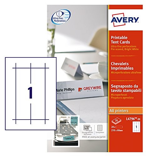 Avery Dennison Avery L4796  20 zadruku wizytówek stołowych, 20 arkuszy L4796-20