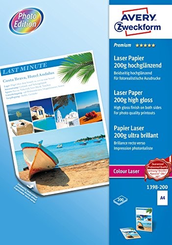 Avery Zweckform 1398  200 Premium Colour Laser Paper (A4, powlekana po obu stronach, wysoki połysk, 200 G/M) 200 arkuszy 4004182410325