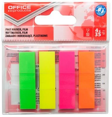 Office products Zakładki indeksujące PP, 12x43mm, 4x35 kart., zawieszka, mix kolorów neon 14223934-99