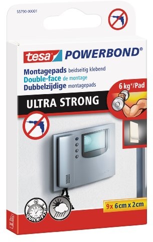 TESA Powerbond Ultra Strong dwustronne samoprzylepne plastry montażowe, wytrzymują obciążenie maks. 6 kg, 9 sztuk 55790-00001-00