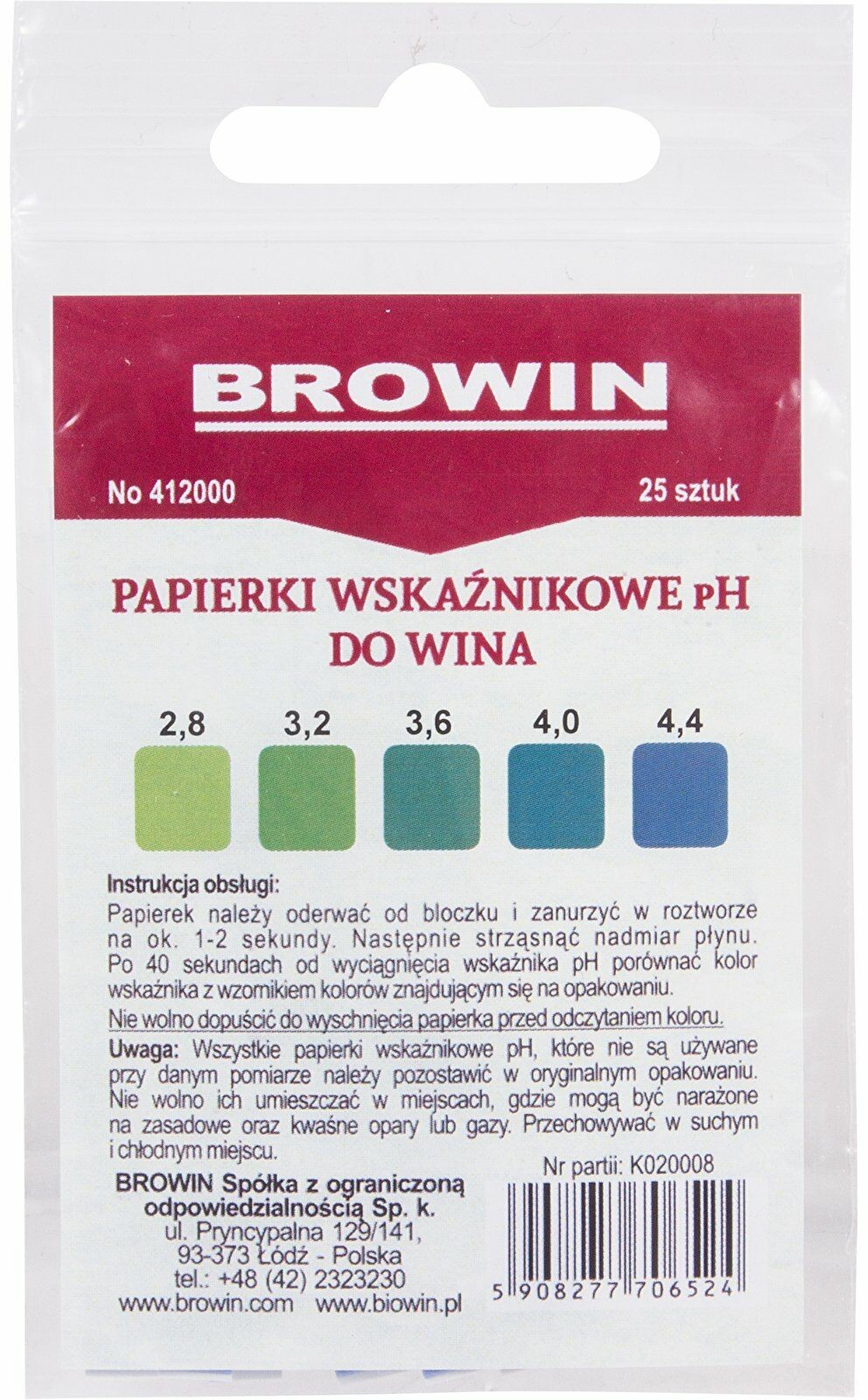 Browin Papierki wskaźnikowe pH do wina - lakmusowe
