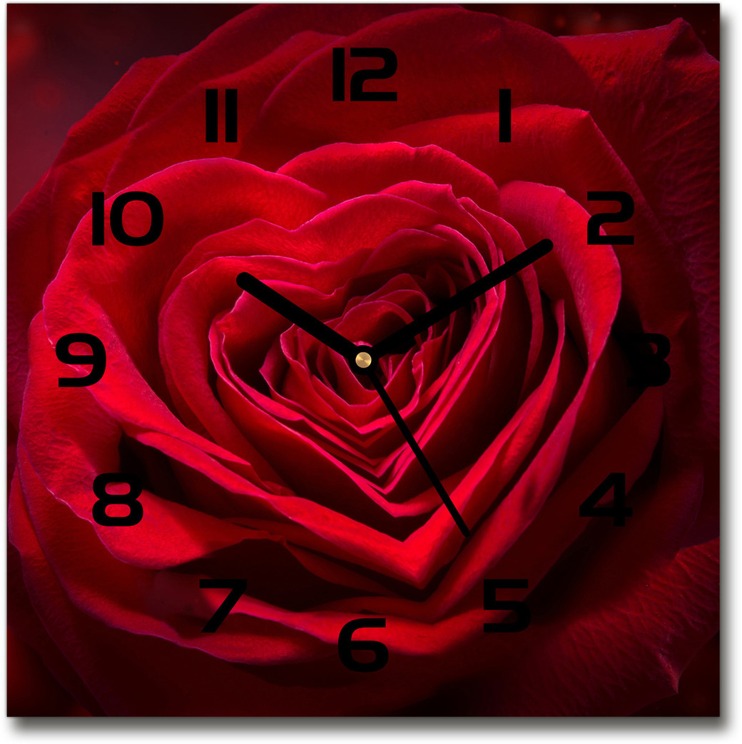 Zegar szklany kwadratowy Czerwona róża serca