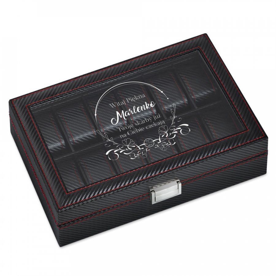 Murrano Karbonowa Szkatułka Kuferek na Zegarki GRAWER Piękna SZKT-ZG-KB-019