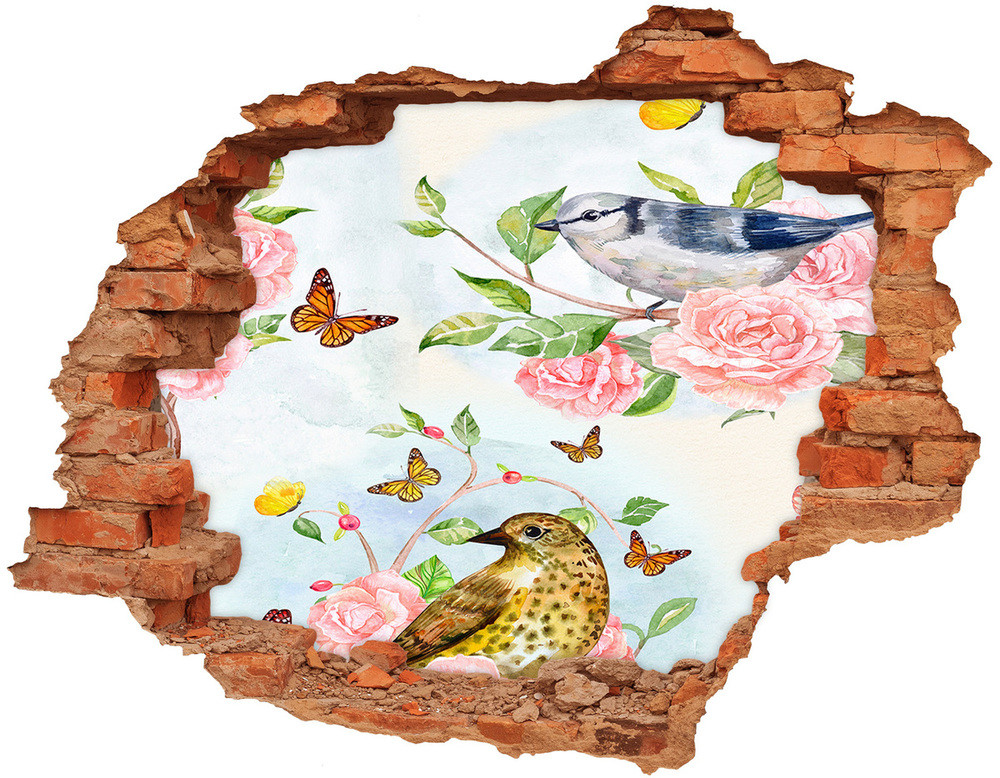 Wallmuralia.pl Dziura 3d fototapeta naklejka Ptaki i róże