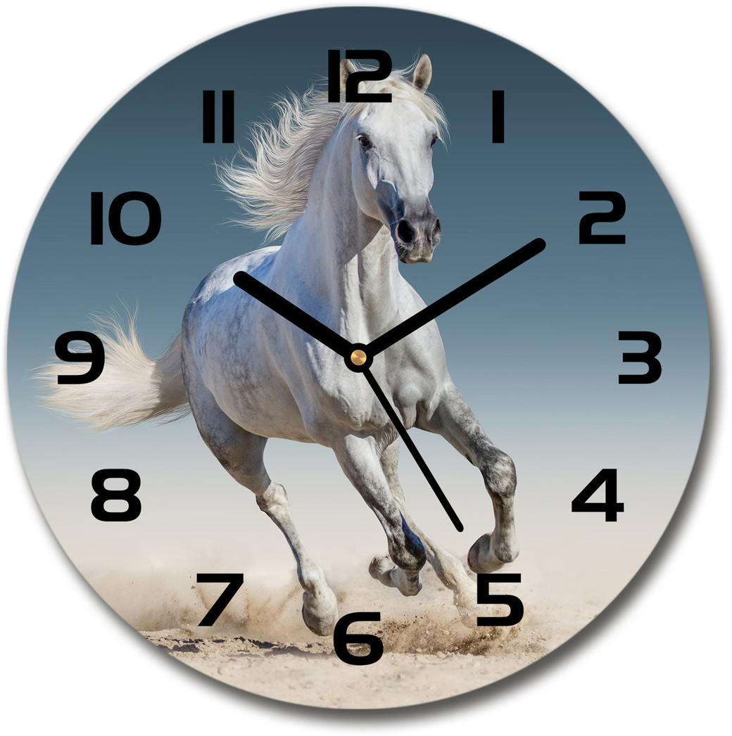 Zegar szklany okrągły Biały koń w galopie