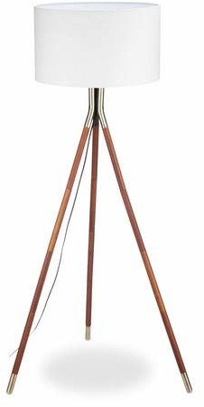Relaxdays lampa stojąca salon, 3 nogi drewniane, rama z wykończeniem z mosiądzu, klosz z materiału 48 cm , 150 cm wysokości, biały/brązowy
