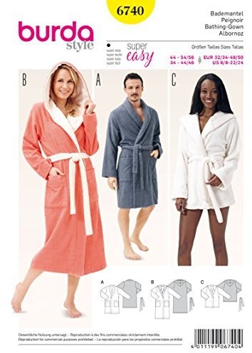 Burda burda 6740 wykrój płaszcz kąpielowy (dla kobiet i mężczyzn, rozm. XS  XL) Level 1 Super Easy B6740