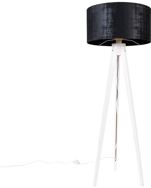 QAZQA Nowoczesna lampa podłogowa statyw biały z czarnym aksamitnym kloszem 50 cm - Tripod Classic