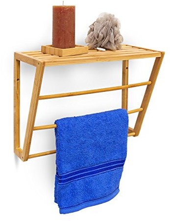 Relaxdays wieszak na ręczniki z bambusa z półką HBT ścienna 30 x 42 x 20 cm wieszak na ręczniki do montażu na ścianie z 3 drążki na ręczniki mały regał regał do łazienki z drewna jako bambus lub garde 10019193