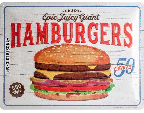 Art Nostalgic 23240, USA, Hamburgers, blaszana tabliczka 30 x 40 cm 23240