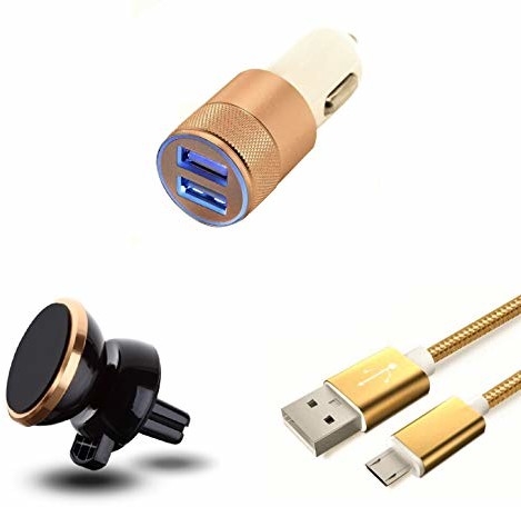 Shot Case Ładowarka samochodowa do Samsung Galaxy A10 (ładowarka micro USB + podwójny adapter do zapalniczki samochodowej + uchwyt magnetyczny, kolor złoty