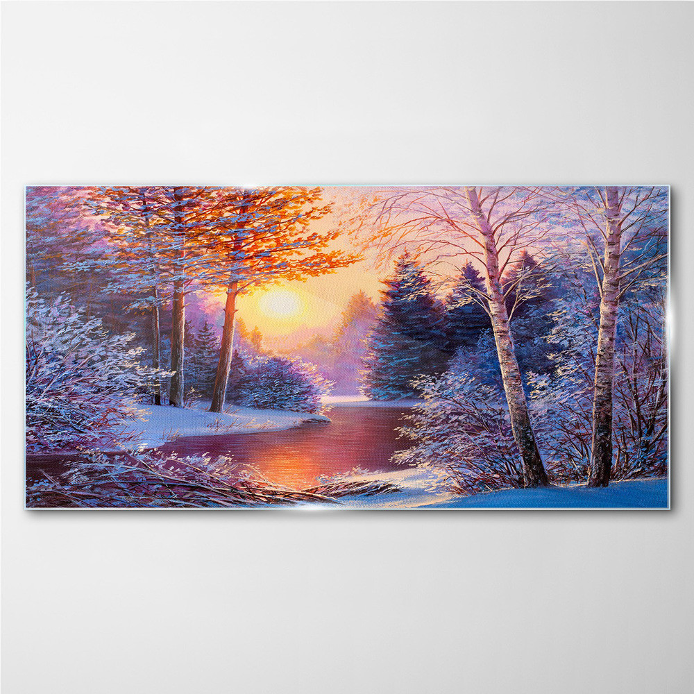 PL Coloray Obraz Szklany las śnieg rzeka zachód słońca 120x60cm