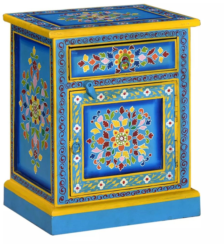 vidaXL Szafka nocna, lite drewno mango, turkusowa, ręcznie malowana