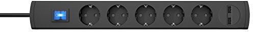 Kopp 233605003 unoversal Plus listwa zasilająca 5-rzędowa mit USB-Gnizado ładowania, IP20, 3600 W, czarna, przewód zasilający 1.4 m