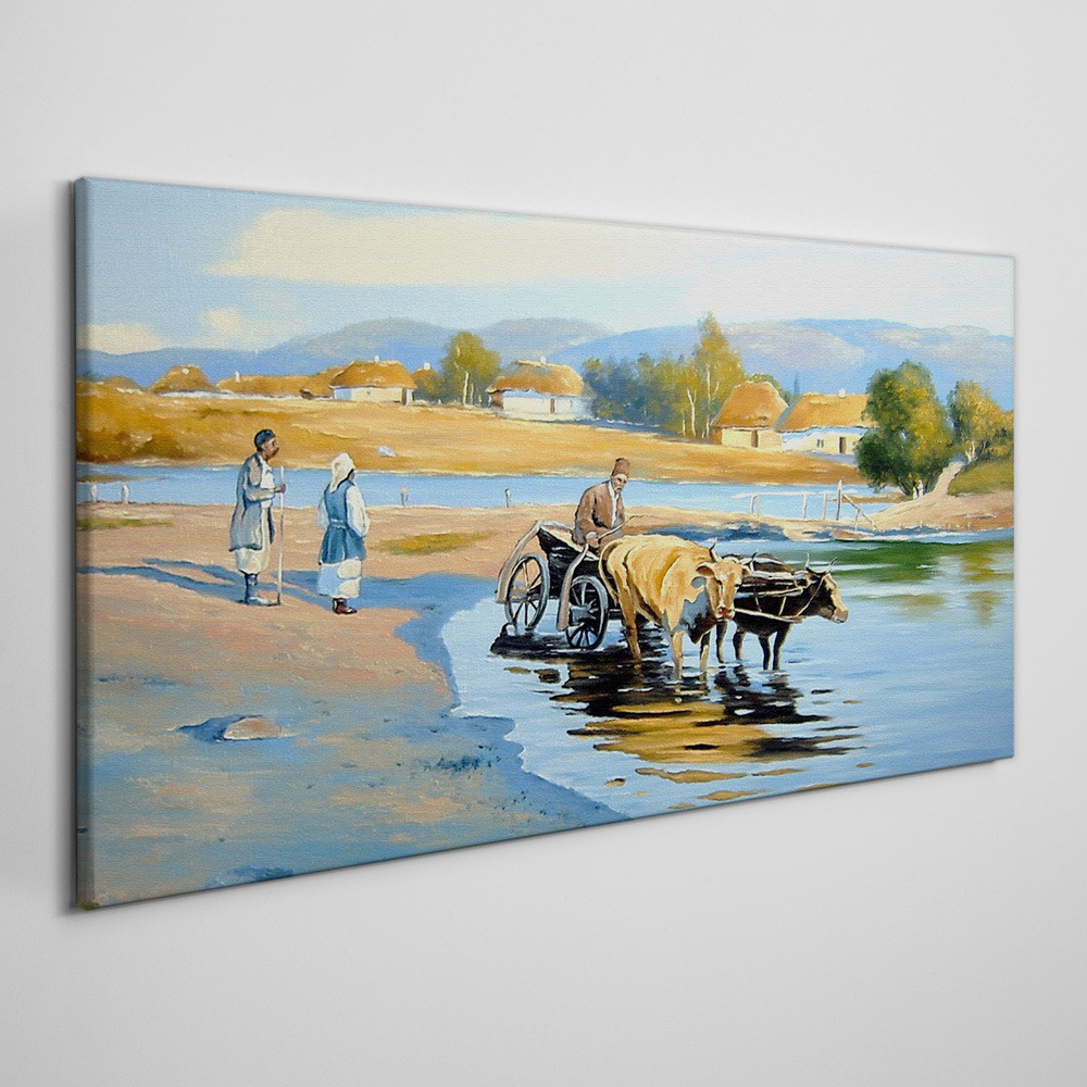 PL Coloray Obraz na Płótnie wieś wieśniacy rzeka chaty 100x50cm