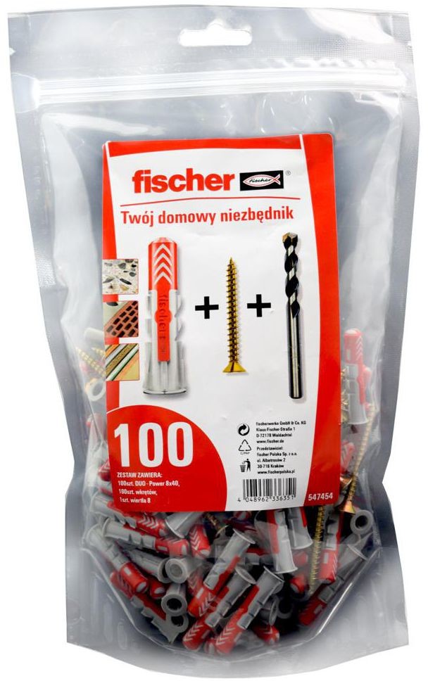 Fischer DUOPOWER Kołek uniwersalny 8X40MM S K NV DUOPOWER 100 szt. + WIERTŁO