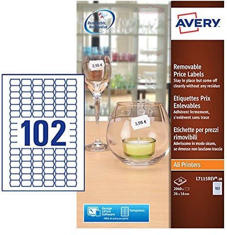 Avery 20 prostokątny cena z etykietami l7115rev można zdjąć papier 26 X 16 MM 2040 sztuka Biały L7115REV-20.UK