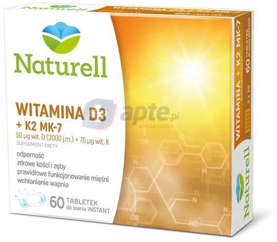 USP Zdrowie Naturell Witamina D3 2000 j.m + K2 MK-7 75mcg x60 tabletek do ssania instant