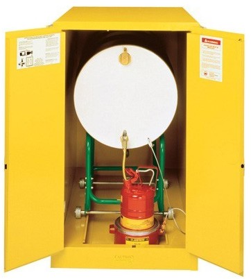 Justrite Safety Group Szafa Zabezpieczająca Do  Beczek Składowanych Poziomo - 200L Żółty 100 L. -  200 L. Manualne 127Cm X 76Cm X 122Cm