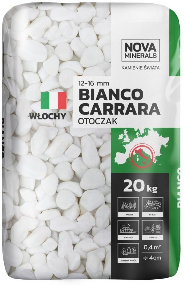 NOVA MINERALS Otoczak BIANCO CARRARA 20 kg 12 - 16 mm biały NOVA MINERALS