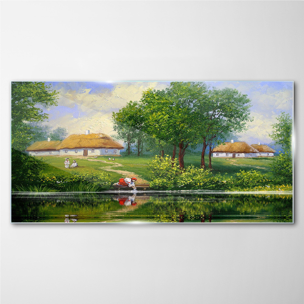 PL Coloray Obraz Szklany Wioska wieśniacy chaty 100x50cm