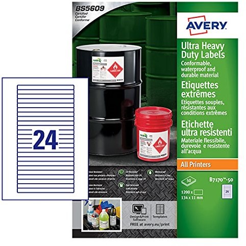 Avery b7170 50 A4 Ultra wytrzymały wodoszczelność GHS, BS5609 certyfikowane, etykiety do wszystkich drukarek, 11 X 134 MM biały B7170-50