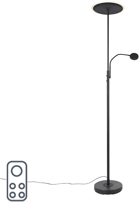 QAZQA Nowoczesna lampa podłogowa czarna z diodą LED z pilotem i ramieniem do czytania - Strela