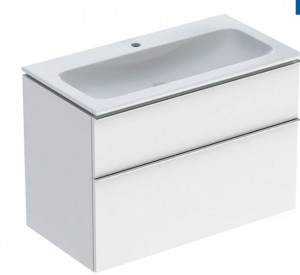 Geberit 502.337.01.2 Zestaw umywalka meblowa iCon slim z szafką pod umywalkę dwoma szufladami i zestawem odpływowo-przelewowym do umywalki 90cm biały lakierowany na wysoki połysk chromowany z