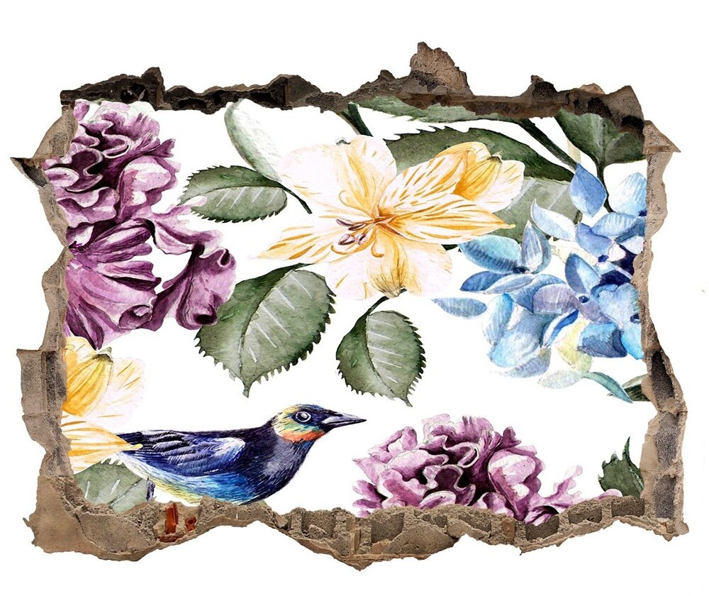 Wallmuralia.pl Naklejka 3D dziura na ścianę Kwiaty i ptaki