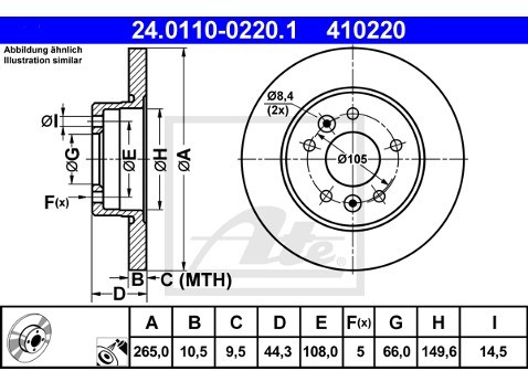 ATE TARCZA HAM 24.0110-0220.1 RENAULT LAGUNA 1.6 16V 97-01, 2.0 95-01, 2.2DT 96-01, SAFRANE II 2.0 16V 96-00  24.0110-0220.1
