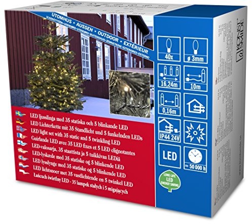 Konstsmide 3610  140 Micro LED łańcuch świetlny zewnętrzny transformator/na zewnątrz (IP44)/24 V/40 ciepło białych diod/5 skrzące się diody/czarny przewód 3610-140