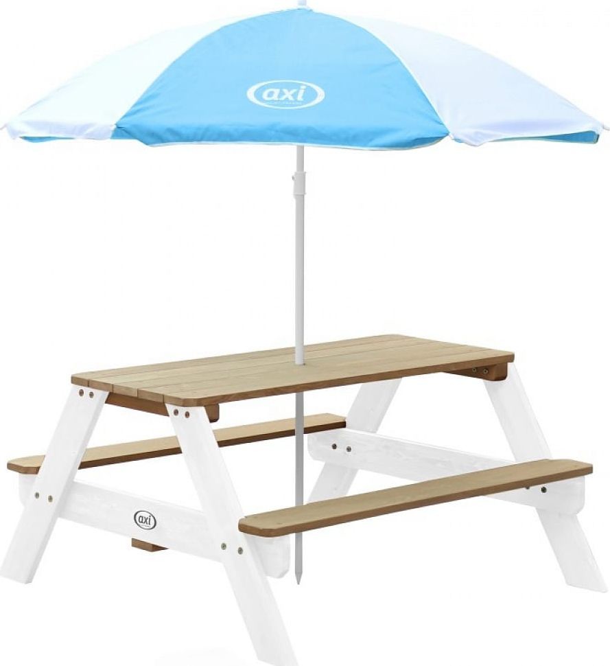 Axi Stół piknikowy NICK Brązowo-biały z niebiesko-białym parasolem A031.003.01