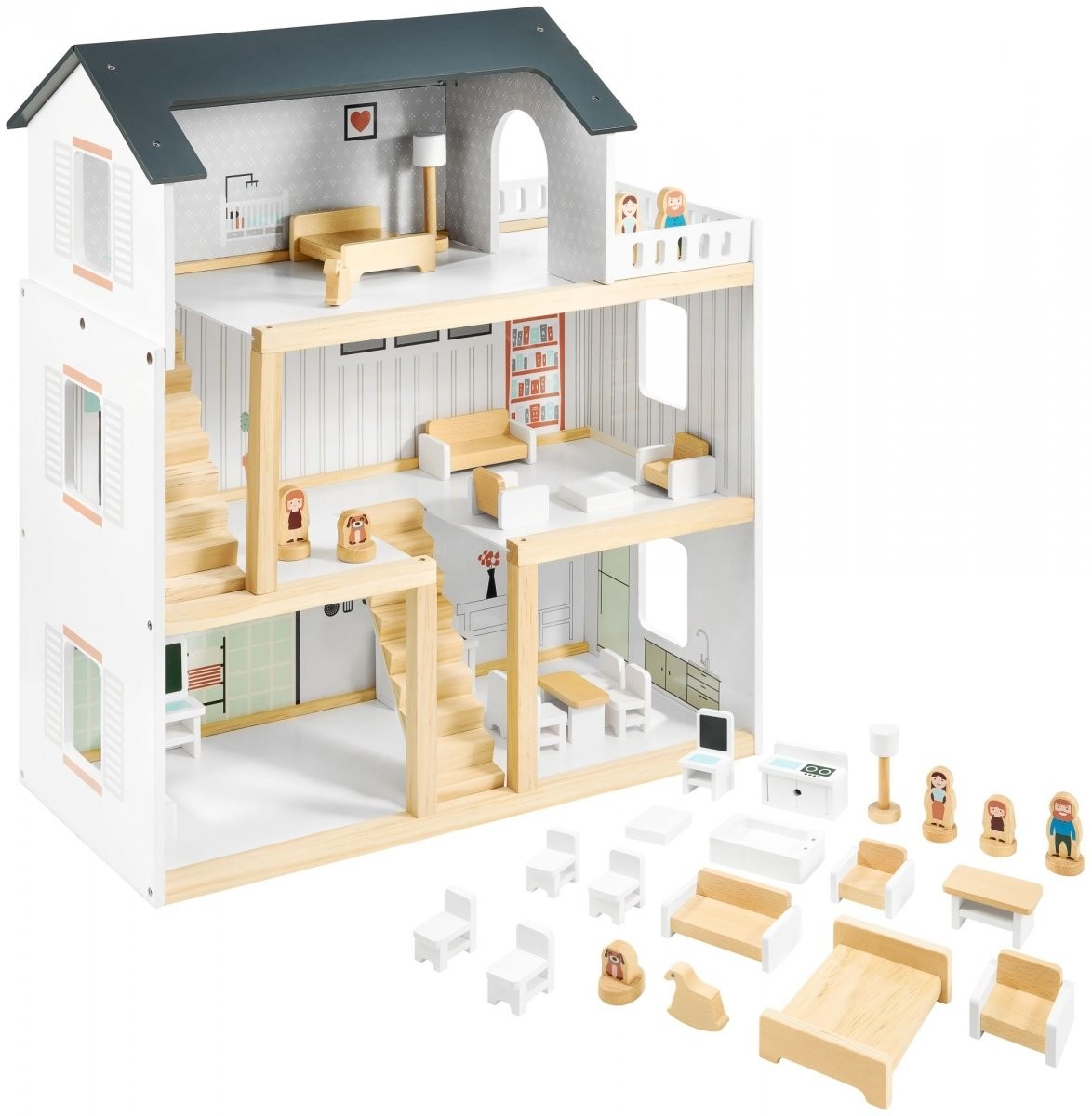 Mamabrum Biały drewniany domek dla lalek z akcesoriami 19 szt DOLL HOUSE CA1204