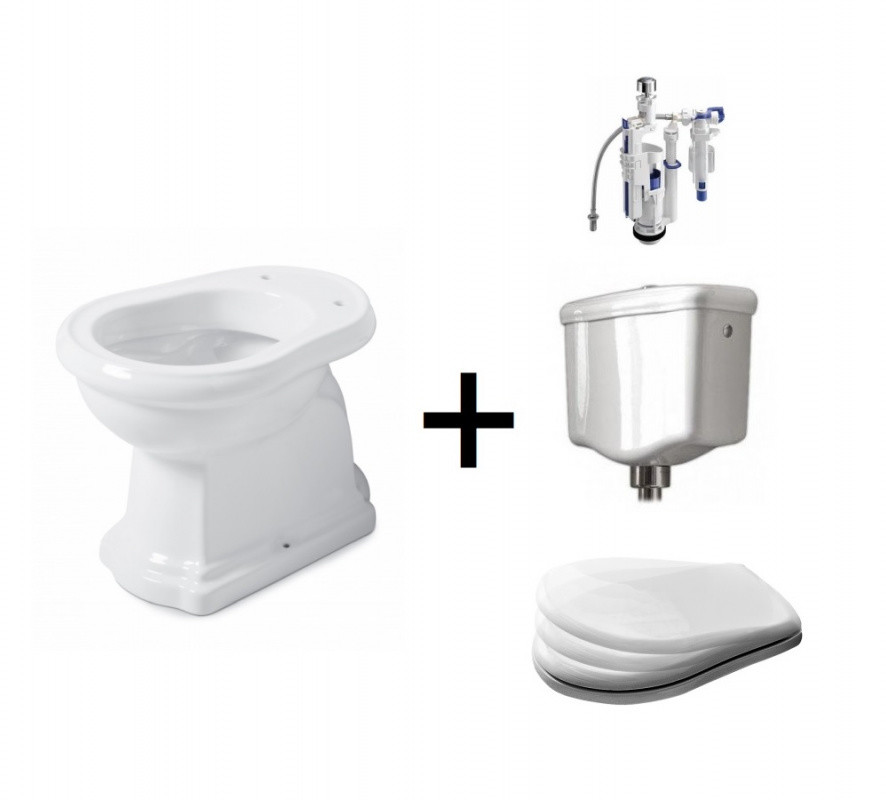 Kerasan Retro Zestaw Toaleta WC kompaktowa 59x38,5 cm + deska wolnoopadająca + spłuczka + mechanizm spłukujący biały/chrom 101001+108801+1081+750990