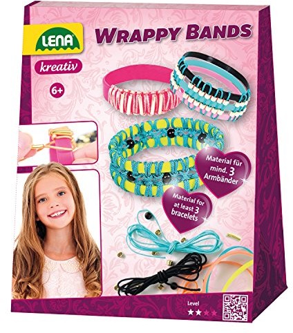 Lena 42652 Bastelset Wrappy Bands, Komplettset für mindestens 3 Wickelarmbänder mit 7 Silikonbänder in 5, Kordel in 4 Farben und 48 Fädelperlen, Schmuck Bastel Set für Kinder ab 6 Jahre, bunt 42652