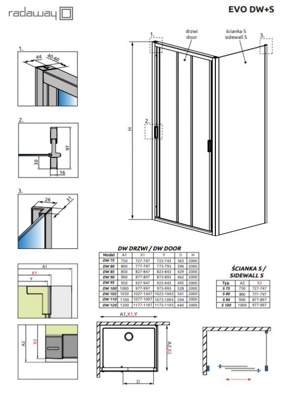 Radaway EVO S Ścianka 90x200 cm chrom przejrzyste EasyClean 336090-01-01